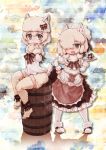  2girls :3 alpaca_ears alpaca_huacaya_(kemono_friends) alpaca_suri_(kemono_friends) alpaca_tail alternate_costume barefoot barrel bow fluffy_legwear fur_collar fur_trim gift hair_over_one_eye hand_in_front_of_face hand_on_hip hat hat_bow heart heart-shaped_pupils highres kemono_friends kolshica maid multiple_girls muted_color neck_ribbon open_mouth ribbon short_hair shorts symbol-shaped_pupils thigh-highs tray 