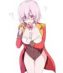  1girl ? between_breasts commentary_request epaulettes fate/grand_order fate_(series) higata_akatsuki jacket leotard mash_kyrielight open_clothes open_jacket open_mouth pink_hair red_jacket short_hair simple_background solo sweatdrop violet_eyes white_background 