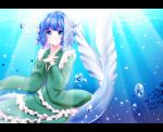  1girl blue_eyes blue_hair bubble drill_hair fish fish_tail green_kimono hands_on_own_chest head_fins highres japanese_clothes kimono light_rays light_smile looking_at_viewer mermaid monster_girl nail_polish obi sash school_of_fish shiki_(s1k1xxx) solo sunbeam sunlight touhou underwater wakasagihime 