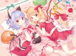  2girls adapted_costume all_fours animal_ears artist_name bare_shoulders bat_wings bent_knees black_cat blonde_hair bloomers bow bowtie cat cat_day cat_ears cat_tail commentary_request crystal detached_sleeves dress feet_out_of_frame finger_to_mouth flandre_scarlet hair_ribbon heart heart_of_string lavender_hair looking_at_viewer lying medium_hair mimi_(mimi_puru) multiple_girls no_hat no_headwear open_mouth paw_print pillow pink_dress puffy_sleeves red_bow red_dress red_eyes red_ribbon remilia_scarlet ribbon ribbon-trimmed_dress sash side_ponytail strapless strapless_dress tail tail_ribbon touhou underwear wings wrist_cuffs yarn yarn_ball 