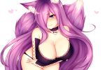  1girl animal_ears black_choker blue_eyes blush bra breasts choker cleavage closed_mouth detached_sleeves fang fox_ears fox_tail hair_over_one_eye heart kuro_kitsune kurona_reole lace lace-trimmed_bra large_breasts lavender_hair long_hair looking_at_viewer original shiny shiny_hair skull smile tail underwear upper_body very_long_hair white_background 