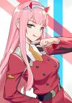  1girl :q aqua_eyes arm_up bangs belt blunt_bangs breasts closed_mouth coat darling_in_the_franxx double-breasted eyeshadow finger_to_chin hairband highres horns jinyuan712 long_hair long_sleeves looking_at_viewer makeup medium_breasts military military_uniform multicolored multicolored_background necktie orange_neckwear red_coat sidelocks smile solo straight_hair tongue tongue_out tsurime uniform upper_body very_long_hair white_hairband zero_two_(darling_in_the_franxx) 