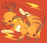  :d brown_eyes commentary_request fang hideko_(l33l3b) highres looking_at_viewer no_humans open_mouth pokemon pokemon_(creature) raichu red_background simple_background smile 