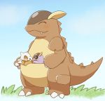  ^_^ blue_sky blush cartoon_bone claws closed_eyes closed_mouth cubone day enohito fang fang_out full_body grass kangaskhan mother_and_child no_humans open_mouth outdoors pokemon pokemon_(creature) sky smile standing 