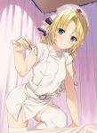  1girl arm_support bangs bed_sheet belt belt_buckle blonde_hair blue_eyes blush buckle closed_mouth curtains day elf eyebrows_visible_through_hair hat highres holding indoors infirmary iris_(takunomi) leaning_forward leg_up long_hair looking_at_viewer nurse nurse_cap original parted_bangs pointy_ears red_cross shiny shiny_hair short_sleeves side_slit sidelocks smile solo takunomi thermometer thigh-highs wavy_hair white_legwear zettai_ryouiki 
