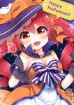  :d basket black_gloves blush bow breasts candy capelet cleavage cross cross_earrings earrings english eyebrows_visible_through_hair fang food gloves hair_between_eyes halloween happy_halloween hat highres holding jewelry leaning_to_the_side lollipop looking_at_viewer medium_breasts open_mouth orange_eyes original redhead sanotsuki smile sparkle speech_bubble star striped striped_bow twintails witch witch_hat 