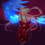  1girl bow burning_eye closed_mouth fujiwara_no_mokou glowing glowing_eye hair_bow hand_up inishie_kumo light_smile long_hair looking_at_viewer outstretched_arm pants pink_hair puffy_pants red_pants shirt solo standing suspenders touhou white_bow white_shirt wings 