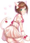  1girl animal_ears anoa bare_shoulders blush bracelet brown_hair cat_ears cat_paws cat_tail commentary_request cowboy_shot dress fake_animal_ears fang green_eyes hair_ornament hairclip highres idolmaster idolmaster_cinderella_girls idolmaster_cinderella_girls_starlight_stage jewelry looking_at_viewer maekawa_miku open_mouth paw_print paws pendant pom_pom_(clothes) red_ribbon ribbon short_hair simple_background solo tail thigh-highs white_background white_legwear 