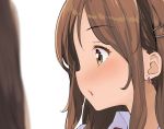  1girl :o blurry blurry_foreground brown_hair collared_shirt commentary_request depth_of_field earrings from_side green_eyes hair_ornament hairclip jewelry kaisen_chuui long_hair original profile shirt sideways_mouth simple_background solo solo_focus white_background white_shirt wing_collar 