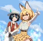  2girls animal_ears armpits backpack bag bangs bare_shoulders belt black_eyes black_gloves black_hair blonde_hair blurry bokeh bow bowtie clouds day depth_of_field elbow_gloves eyebrows_visible_through_hair gloves hair_between_eyes hat hat_feather helmet high-waist_skirt highres holding_hand kaban_(kemono_friends) kemono_friends mityubi multiple_girls open_mouth outdoors pith_helmet pointing print_gloves red_shirt serval_(kemono_friends) serval_ears serval_print shirt short_hair skirt sky sleeveless sleeveless_shirt yellow_eyes 