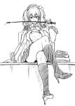  1girl :q beret book chair desk from_below full_body greyscale hat high_heels kantai_collection kashima_(kantai_collection) legs_crossed licking looking_at_viewer monochrome nigou pinky_out pleated_skirt riding_crop sitting skirt solo tongue tongue_out twintails 