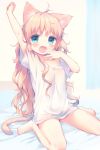  1girl :o animal_ears arm_up bare_legs barefoot bed_sheet blonde_hair blue_eyes blush breasts cat_ears cat_girl cat_tail cleavage collared_shirt fang fingernails full_body hand_to_own_mouth long_hair looking_at_viewer medium_breasts open_mouth original outstretched_arm shirt short_sleeves sitting sleepy solo stretch tail usashiro_mani very_long_hair waking_up wariza white_shirt yawning 