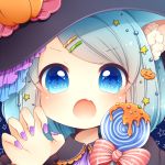  1girl :d :o animal_ears bangs blue_background blue_eyes blush bow candy claw_pose eyebrows_visible_through_hair fingernails food food_themed_hair_ornament hair_ornament hairclip halloween hat lollipop looking_at_viewer nail_polish open_mouth original portrait pumpkin_hair_ornament purple_nails sanotsuki smile solo star star_hair_ornament striped striped_bow swept_bangs swirl_lollipop v-shaped_eyebrows witch witch_hat 