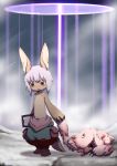  2girls animal_ears creature furry hand_holding highres made_in_abyss mitty_(made_in_abyss) multiple_girls nanachi_(made_in_abyss) red_eyes short_hair topless uchuu_ika whiskers white_hair yellow_eyes 