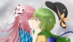  2girls black_hat blue_shirt checkered_shirt from_side green_eyes green_hair green_scarf hand_on_another&#039;s_face hat hat_removed hat_ribbon hata_no_kokoro headwear_removed highres kiss komeiji_koishi long_hair multiple_girls open_eyes pink_hair ribbon scarf shirt short_hair snowing touhou tsukimiyashio upper_body yellow_ribbon yellow_shirt yuri 