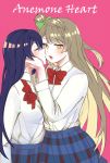  2girls artist_request bangs blue_hair blush bow bowtie closed_eyes commentary_request dress_shirt eyebrows_visible_through_hair grey_hair hair_between_eyes hand_on_another&#039;s_face imminent_kiss long_hair long_sleeves looking_at_viewer love_live! love_live!_school_idol_project minami_kotori multiple_girls one_side_up otonokizaka_school_uniform pleated_skirt red_neckwear school_uniform shirt simple_background skirt sonoda_umi striped_neckwear text white_shirt yellow_eyes 