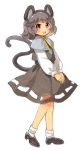  1girl :d animal_ears bangs blush gem grey_footwear grey_hair grey_skirt grey_vest highres long_sleeves mouse_ears mouse_tail nazrin open_mouth red_eyes sasa_kichi shirt shoes short_hair simple_background skirt smile socks solo standing tail touhou vest white_background white_legwear white_shirt 