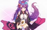  1girl animal_ears at-yui azur_lane bangs bare_shoulders bell black_legwear black_vest blush breasts closed_mouth detached_sleeves dress eyebrows eyebrows_visible_through_hair eyes_visible_through_hair fox_ears fox_tail frown gluteal_fold hair_bell hair_between_eyes hair_ornament hair_ribbon hairband impossible_clothes jingle_bell large_breasts legs_apart long_hair long_sleeves looking_at_viewer microdress open_clothes open_mouth open_vest paw_print purple_hair red_hairband red_ribbon ribbon sitting solo sweat tail tassel thick_eyebrows thigh-highs tsurime urakaze_(azur_lane) vest violet_eyes wavy_mouth white_dress zettai_ryouiki 