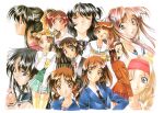  1990s_(style) 6+girls adachi_taeko ayasaki_wakana black_hair blazer blonde_hair braid brown_hair closed_eyes endou_akira everyone green_skirt hair_bobbles hair_ornament hairband hosaka_miyuki hoshino_asuka jacket kai_tomohisa long_hair long_sleeves looking_at_viewer matsuoka_chie medium_hair miniskirt morii_kaho multiple_girls nagakura_emiru nanase_yuu non-web_source official_art one_eye_closed open_mouth parted_lips pink_hair pleated_skirt red_skirt redhead retro_artstyle round_eyewear sawatari_honoka school_uniform semi-rimless_eyewear sentimental_graffiti serafuku short_hair skirt smile sugihara_manami thigh-highs twintails v yamamoto_rurika yellow_thighhighs zettai_ryouiki 