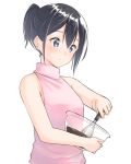  1girl bare_arms bare_shoulders black_hair blue_eyes blush bowl chocolate closed_mouth commentary_request cooking hair_between_eyes highres holding original pink_sweater ponytail short_hair simple_background sleeveless smile solo standing suzunari_shizuku sweater turtleneck white_background yuki_arare 