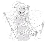  1girl :d angel_wings arrow bangs belt between_breasts blush bow_(weapon) breasts commentary cropped_legs cupid_(monster_girl_encyclopedia) dark_skin elbow_gloves fusion gal_gohan gloves greyscale hair_between_eyes hair_ornament hairclip hat heart highres holding holding_weapon large_breasts looking_at_viewer monochrome monster_girl_encyclopedia navel okazaki_miku open_mouth quiver roresu simple_background smile solo standing weapon white_background wings 
