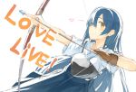  1girl archery arrow bangs blue_hair blue_hakama bow_(weapon) commentary_request cowboy_shot drawing_bow eyebrows_visible_through_hair gloves hair_between_eyes hajime_kaname hakama hakama_skirt heart holding japanese_clothes kyuudou long_hair looking_at_viewer love_live! love_live!_school_idol_project muneate partly_fingerless_gloves simple_background single_glove solo sonoda_umi text weapon yellow_eyes yugake 