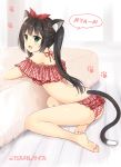  1girl :d animal_ears aqua_eyes ass bangs barefoot black_hair blunt_bangs blush breasts cat_ears cat_tail cleavage commentary_request eyebrows_visible_through_hair frilled_panties frills indoors long_hair looking_at_viewer looking_back nyan open_mouth original panties paw_print plaid plaid_panties sakurai_makoto_(custom_size) sitting smile solo speech_bubble tail twintails underwear 