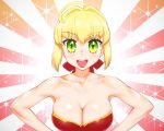  1girl :d ahoge bare_shoulders blonde_hair breasts cleavage collarbone eyelashes fate/extra fate_(series) green_eyes hair_intakes hair_ribbon large_breasts looking_at_viewer nero_claudius_(fate) nero_claudius_(fate)_(all) open_mouth ribbon short_hair smile solo sparkle sunburst ueyama_michirou upper_body 
