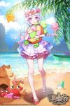  1girl absurdres age_of_ishtaria artist_name beach blue_hair bracelet braid company_name copyright_name crab flower hair_flower hair_ornament head_wreath highres jellyfish jewelry juras_mate_(age_of_ishtaria) kanola_u leaf multicolored_hair official_art pink_hair sand sandals sky solo sparkle star swimsuit teeth turtle twin_braids two-tone_hair violet_eyes water 