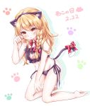 1girl animal_ears bare_arms bare_shoulders bell black_panties blonde_hair blush bow braid breasts cat_cutout cat_day cat_ears cat_lingerie commentary_request dated eyebrows_visible_through_hair fake_animal_ears fake_tail groin hair_bow highres jingle_bell kirisame_marisa kneeling long_hair looking_at_viewer medium_breasts meme_attire midriff neck_ribbon panties paw_print red_bow red_neckwear red_ribbon ribbon side-tie_panties simple_background single_braid solo tail tail_bow touhou translation_request underwear white_background yellow_eyes yuria_(kittyluv) 