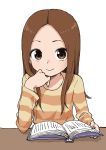  1girl absurdres bangs book brown_eyes brown_hair closed_mouth commentary_request desk hand_on_own_chin highres holding holding_book karakai_jouzu_no_takagi-san long_sleeves looking_at_viewer parted_bangs shirt simple_background sitting smile solo striped striped_shirt takagi-san white_background yamamoto_souichirou 