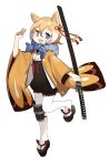  1girl :d animal_ears blonde_hair blue_eyes commentary_request dog_ears fang full_body hair_between_eyes holding holding_weapon jong_tu katana knee_pads looking_at_viewer multicolored_hair open_mouth original pantyhose platform_footwear scarf sheath sheathed short_hair simple_background smile solo sword two-tone_hair v weapon white_background white_hair white_legwear wide_sleeves 