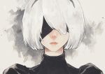  1girl android black_blindfold black_hairband blindfold facing_viewer hairband juliet_sleeves lips long_sleeves mole mole_under_mouth nier_(series) nier_automata parted_lips puffy_sleeves short_hair solo tae turtleneck white_hair yorha_no._2_type_b 