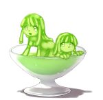  2girls :d all_fours breasts closed_mouth commentary_request cup eyebrows_visible_through_hair goo_girl green green_eyes green_hair green_sclera green_skin in_container in_cup kamaboko_(mato225) long_hair medium_breasts minigirl monster_girl multiple_girls nude open_mouth original short_hair simple_background smile white_background 