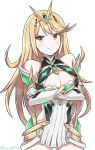  &gt;:( 1girl armor bare_shoulders blonde_hair blush breasts cleavage_cutout crossed_arms elbow_gloves flipped_hair gloves grimmelsdathird highres mythra_(xenoblade) large_breasts long_hair looking_at_viewer solo tiara tsundere upper_body xenoblade xenoblade_2 yellow_eyes 