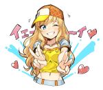  1girl blonde_hair blue_eyes denchuubou double_v grin hat heart idolmaster idolmaster_cinderella_girls jewelry long_hair midriff navel necklace one_eye_closed ootsuki_yui outstretched_arms outstretched_hand pants shirt smile solo upper_body v yellow_shirt 