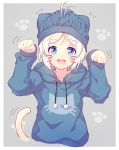  /\/\/\ 1girl :d animal_hat animal_print antenna_hair arms_up bangs beanie blonde_hair blue_eyes blush border cat_hair_ornament cat_print cat_tail dennou_shoujo_youtuber_shiro drawstring eyebrows_visible_through_hair hair_ornament hat highres hood hood_down hoodie long_sleeves motion_lines open_mouth parted_bangs paw_background paw_pose shiny shiny_hair shiro_(dennou_shoujo_youtuber_shiro) short_hair smile solo sora_from_france tail tail_wagging tareme upper_body whiskers white_border 