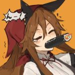  1girl animal_ears blush brown_hair closed_eyes commentary_request food food_request head_scarf lansane long_hair mouth_hold neck_ribbon orange_background original red_neckwear red_ribbon ribbon sexually_suggestive shirt simple_background sushi tears trembling tsana_(lansane) vest white_shirt wolf_ears 