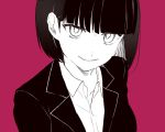  1girl bangs blunt_bangs chisumi closed_mouth collared_shirt commentary_request greyscale jacket looking_at_viewer monochrome original parted_lips purple_background shirt simple_background smile solo upper_body wing_collar 