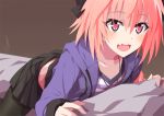 1boy :d astolfo_(fate) bangs bed_sheet black_bow black_legwear black_skirt blush bow brown_background collarbone drawstring eyebrows_visible_through_hair fang fate/apocrypha fate_(series) hair_between_eyes hair_bow heart heart-shaped_pupils jacket long_sleeves male_pubic_hair multicolored_hair neckerchief nu_(plastic_eraser) on_bed open_clothes open_jacket open_mouth pantyhose pillow pink_hair pubic_hair purple_jacket simple_background skirt smile streaked_hair symbol-shaped_pupils trap violet_eyes 