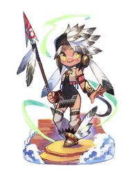  1girl armband black_hat blush bracer closed_mouth commentary contrapposto detached_pants faux_figurine feathers hat highres holding holding_weapon lance native_american original polearm simple_background smile solo standing tostantan weapon white_background yellow_eyes 