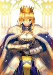  1girl ahoge armor armored_dress artoria_pendragon_(all) blonde_hair blue_dress crown dress eyebrows_visible_through_hair fate/stay_night fate_(series) gauntlets green_eyes hair_between_eyes holding holding_sword holding_weapon saber short_hair_with_long_locks sidelocks solo standing sword weapon weed_(astarone) 