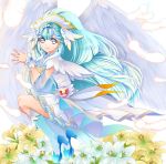  1girl absurdres blue_eyes blue_footwear blue_hair boots closed_mouth cure_ange dress feathered_wings feathers flower full_body hair_ornament head_wings highres hugtto!_precure knee_boots lily_(flower) long_hair looking_at_viewer magical_girl own_hands_together precure smile solo white_dress white_wings wings wrist_cuffs yakushiji_saaya yuutarou_(fukiiincho) 