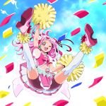  1girl ;d aitaso bike_shorts bird cheerleader confetti cure_yell double_bun earrings full_body hair_ornament hair_ribbon heart heart_hair_ornament hugtto!_precure jewelry jumping layered_skirt long_hair looking_at_viewer magical_girl navel nono_hana one_eye_closed open_mouth pink_eyes pink_footwear pink_hair pink_shirt pink_shorts pink_skirt pom_poms precure red_ribbon ribbon shirt shoes shorts shorts_under_skirt skirt sky sleeveless sleeveless_shirt smile solo spread_legs thigh-highs white_legwear 