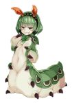  1girl :3 :p antennae bangs blush brown_eyes caterpillar closed_mouth flat_chest flower full_body green_flower green_hair green_rose greenworm_(monster_girl_encyclopedia) hairband insect_girl kenkou_cross licking_lips looking_at_viewer monster_girl monster_girl_encyclopedia naughty_face rose short_hair smile solo tongue tongue_out 