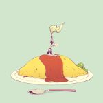  androgynous armor broccoli chisuke flag food green_background hands holding holding_flag ketchup omelet omurice original plate shadow simple_background solo spoon white_flag 