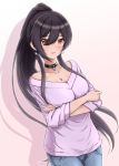  1girl black_hair blush breasts brown_eyes choker cleavage collarbone cowboy_shot crossed_arms diesel-turbo dutch_angle earrings idolmaster idolmaster_shiny_colors jewelry large_breasts long_hair looking_at_viewer open_mouth ponytail shirase_sakuya smile solo 