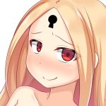  1girl abigail_williams_(fate/grand_order) aka_no_hotaru bangs black_bow blonde_hair bow closed_mouth collarbone eyebrows_visible_through_hair fate/grand_order fate_(series) forehead hair_bow keyhole long_hair looking_at_viewer orange_bow parted_bangs polka_dot polka_dot_bow red_eyes simple_background smile solo white_background 