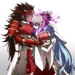  aqua_(fire_emblem_if) armor brother_and_sister brothers brown_hair fire_emblem fire_emblem_heroes fire_emblem_if grey_hair highres hinoka_(fire_emblem_if) hug ikeimen japanese_clothes mamkute ponytail red_eyes redhead ryouma_(fire_emblem_if) sakura_(fire_emblem_if) siblings sisters takumi_(fire_emblem_if) 
