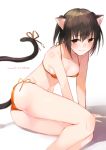  1girl animal_ears bikini breasts brown_eyes brown_hair cat_ears cat_tail dated highres kantai_collection looking_at_viewer nagihashi_koko orange_bikini sendai_(kantai_collection) shadow short_hair side-tie_bikini simple_background sitting small_breasts solo swimsuit tail twitter_username two_side_up white_background yokozuwari 